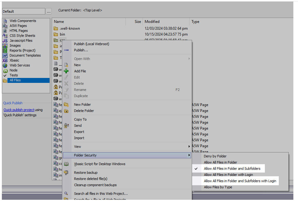 Folder Security menu displaying “Allow All Files in Folder and Subfolders” and “Allow All Files in Folder and Subfolders with Login”.